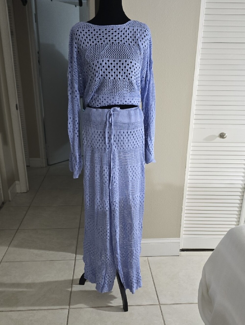 Light Blue Crochet Knit Two-Piece Set